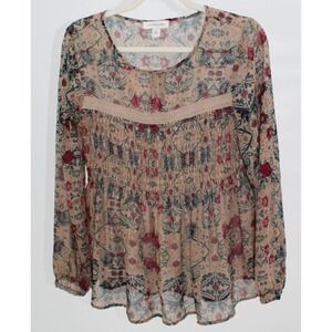Vintage X America $76 Medium Earth Tone Floral Long Sleeve Peasant Boho Blouse